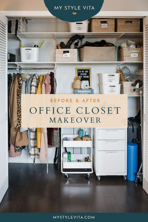 Before & After - Home Office Closet Makeover | My Style Vita #oranizingtips #closetcleanout #springcleaning Home Office Storage Closet, Organized Office Closet, Office Storage In Closet, Elfa Office Closet, Closet For Office Storage, Closet Storage For Office, Closet Organization Ideas Office, Multipurpose Closet Organization, Small Office Closet Organization