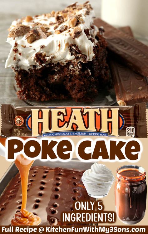 The Heath Bar Poke Cake combines sweet chocolate, rich caramel, and the saltiness of a classic Heath Bar. You can make this easy dessert with a delicious cake mix and a few basic pantry ingredients, and it'll be ready in only 30 minutes. Chocolate Toffee Poke Cake, Heath Candy Dessert Recipes, Tom Selleck Cake Recipe, Mocha Poke Cake Recipes, Tom Selleck Cake, Polk Cakes Recipe, Simple Poke Cake, Heath Birthday Cake, Toffee Cake Recipe Simple