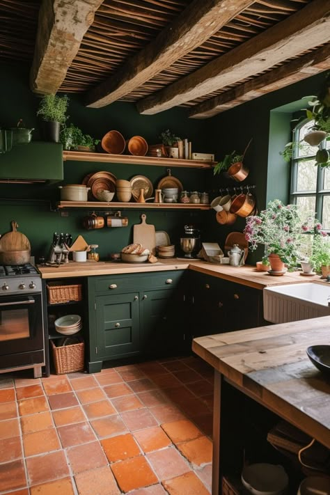 Rustic Dark Green Kitchen, Earthy Home Kitchen, Moody Mid Century Modern Kitchen, Green Tile Floor Kitchen, Moody Farmhouse Kitchen, Earthy Kitchen Decor, Giant Greenhouse, Green Farmhouse Kitchen, Deep Green Walls