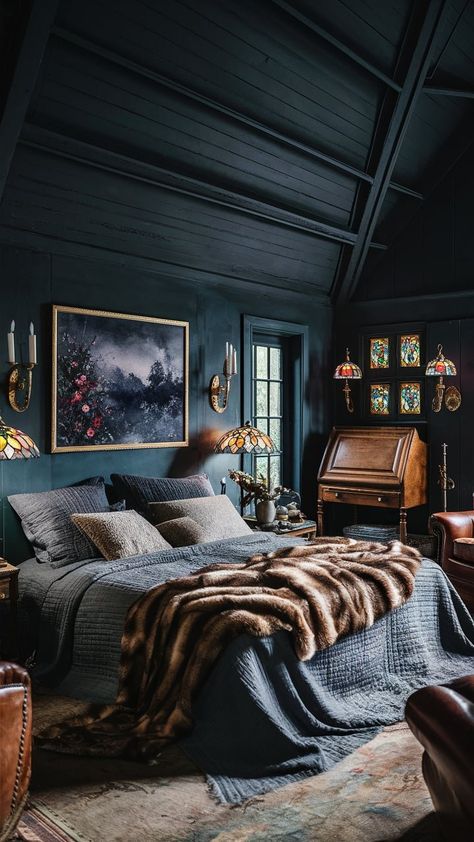 Midnight Escapes: Dark Cottagecore Bedroom Aesthetic — Coastal Cottage by Celeste Moody Beach Bedroom, Moody Celestial Bedroom, Moody Bedroom Blue, Blue Cottagecore Bedroom, Moody Coastal Bedroom, Midnight Blue Room, Dark Blue Bedroom Aesthetic, Moody Blue Bedroom, Cottagecore Bedroom Aesthetic