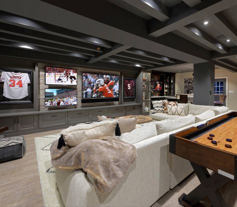 Black Industrial Ceiling Basement, Home Sports Bar Ideas Basement, Large Open Basement Ideas, Basement Tv Room Ideas Cozy, Large Basement Ideas Layout, Two Tvs In One Room Ideas, Sports Basement Ideas, Basement Addition, Transitional Basement