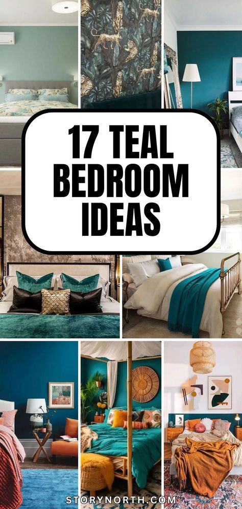 Save this pin for a dose of inspiration on how to refresh your bedroom with trendy teal decor. Discover unique ideas to create a relaxing and stylish sanctuary. #TealBedroom #HomeDecorIdeas Teal Green Accent Wall Bedroom, Teal Black And Gold Bedroom, Dark Teal Bedding Bedroom, Bedroom Inspirations Jewel Tones, Teal Painted Walls Bedroom Ideas, Sage Green And Teal Bedroom, Teal Gray Paint Colors, Teal Bedspread Room Ideas, Teal Combination Colors