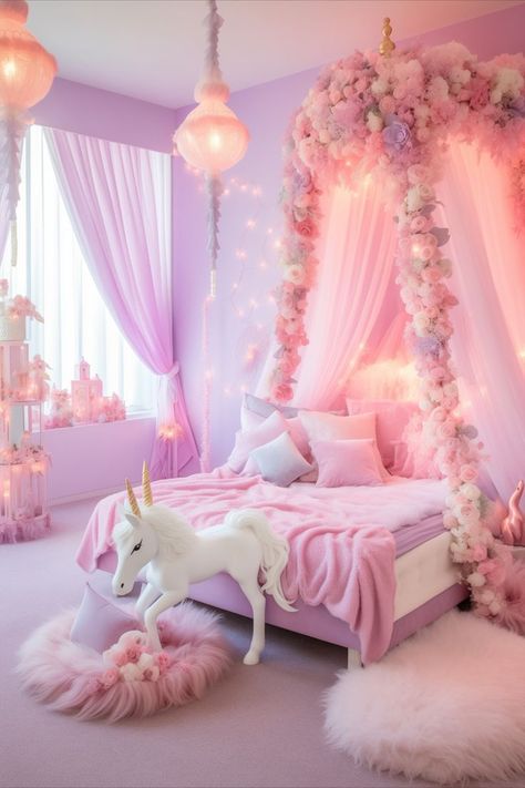 Girls Bedroom Unicorn, Girly Pink Bedroom, Girls Bedroom Themes, Girly Bedroom Decor, Unicorn Bedroom Decor, Rose Bedroom, Princess Bedrooms, Barbie Bedroom, Rainbow Bedroom