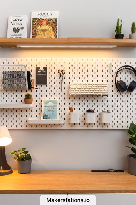 WFH Essentials Work Nook, Ikea Pegboard, Aesthetic Work Desk, Pc Room, Desktop Aesthetic, Pegboard Ideas, Peg Boards, Office Corner, Creative Office Space