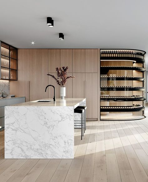 Chats • Instagram Tall Glass Cabinets Kitchen, Kitchen With Wine Cellar, Curved Wine Cellar, Home Wine Room, Zephyr And Stone, Wine Cabinet Design, Modern Wine Cellar, Lux Kitchen, Reno Tips