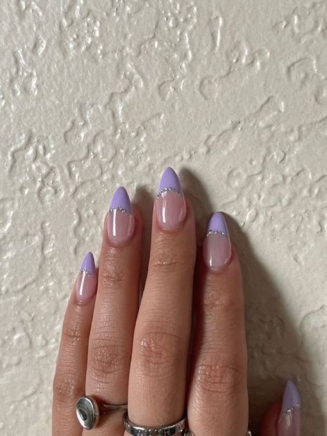 Purple Aesthetic Nails Almond, Almond Nails With Purple Tips, Nail Ideas Almond Shape Purple, Lilac French Nails Almond, Cute Lavender Nails French Tip, Lilac Tip Acrylic Nails, Purple Nails Inspo Almond, Lilac Nails Wedding, French Tips Style Nails