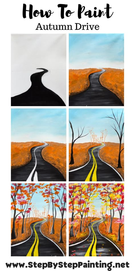 Fall Paint Projects For Kids, Fall Painting Acrylic Easy, Simple Autumn Painting Ideas, Fall Simple Painting Ideas, 5x7 Painting Ideas Easy, Fall Themed Paint And Sip, Autumn Paint And Sip Ideas, Autumn Scenery Painting Easy, Simple Fall Canvas Paintings