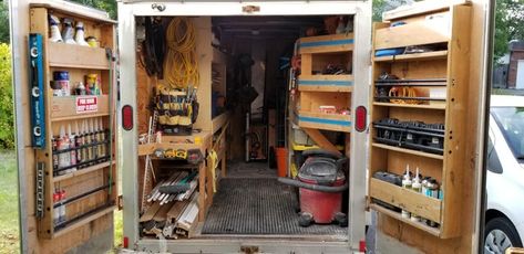 Enclosed Trailer Cabinets, Small Enclosed Trailer, Workshop Trailer, Trailer Shelving, Tool Trailer, Welding Trailer, Homemade Trailer, Handyman Business, Work Trailer