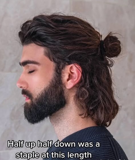 Men's Wavy Hairstyles, Men's Long Hairstyles Wavy, Mens Wavy Haircuts, Long Curly Hair Men, Half Bun Hairstyles, Long Hair Beard, Man Bun Hairstyles, Mens Hairstyles With Beard, Mens Hairstyles Thick Hair