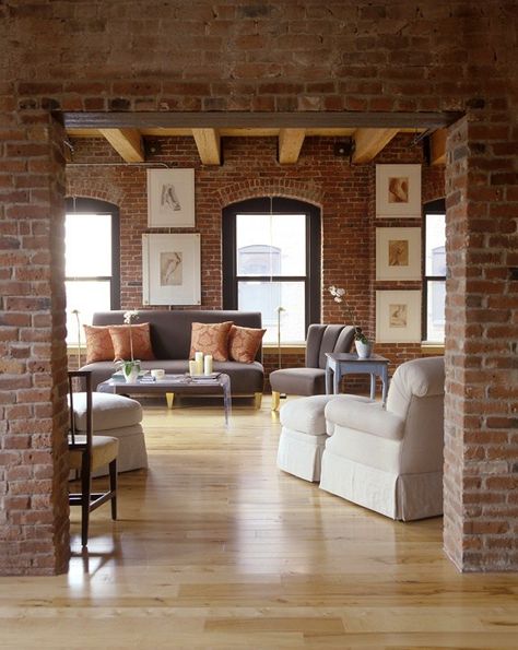 #Brick #walls are perfect for enhancing the aesthetics of the #living #room and creating #bold, #modern #ambiance. Living Room With Brick Wall, New Yorker Loft, Brick Wall Living Room, Brick Living Room, Living Room Wood Floor, Rustic Apartment, Brick Interior, Minimalist Living Room Design, Bedroom Minimalist