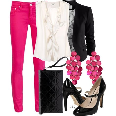 Hot Pink and Black Outfit. (Make my pants a bit flared. Get on that, will you? lol) Pink Pants Outfit, Hot Pink Pants, Look Plus Size, Pink Jeans, Pink Pants, Pink Outfits, Look Vintage, Look Plus, Work Attire