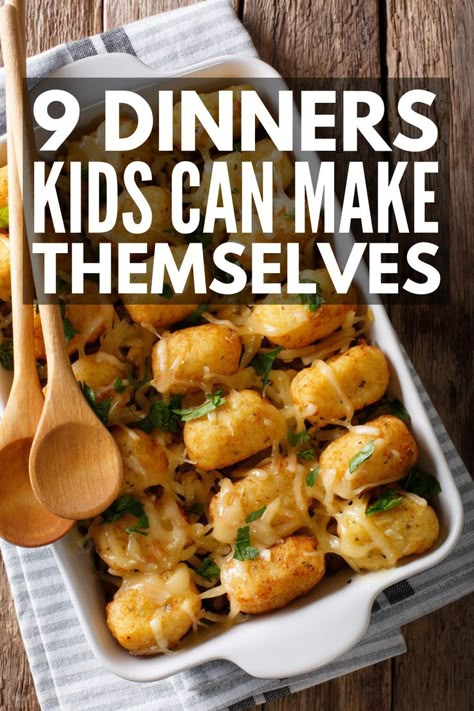 9 Dinners Kids Can Make Themselves | Easy, fun, and healthy, these meal ideas will turn your picky eater into an aspiring chef! Grab some muffin tins and make some cheeseburger cups, learn how to turn hot dogs into nuggets, or enjoy comfort foods like mini lasagnas or 5 minute mac and cheese! Oh, and the tater tots casserole is to die for! #kidsdinners #mealskidscanmake #cookingwithkids #kidsrecipes Easy Fun Dinner Recipes Families, 4h Cooking Project Ideas, Easy Dinner Recipes That Kids Can Make, Easy Dinners Kids Can Make, Meals For Kids Picky, Meals For Kids To Cook, Easy Meals Kids Can Make, Easy Kid Dinners Picky Eaters, Easy Recipes For Kids To Make For Dinner