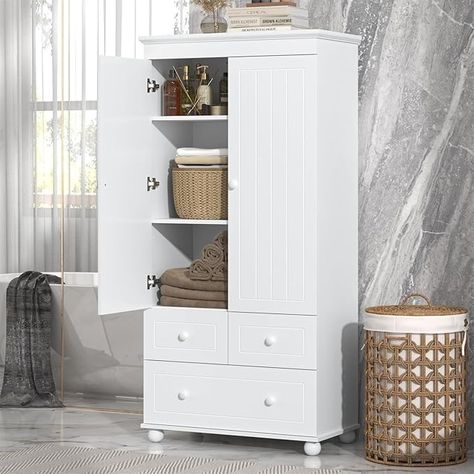 Amazon.com: Polibi 62.7" Tall Storage Cabinet with 2 Doors, 3 Drawers, Adjustable Shelf, Round Legs, Wooden Floor Free-Standing Cabinet for Bathroom, Living Room, White : Home & Kitchen Freestanding Bathroom Storage, Armoire Wardrobe Closet, Tall Bathroom Storage Cabinet, Tall Bathroom Storage, Tall Storage Cabinet, Free Standing Cabinets, Large Storage Cabinets, Tall Bathroom, Accent Storage Cabinet