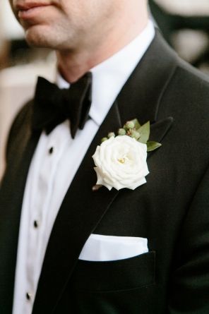 Groomsmen Style, classic black tuxedo with white + green boutonniere at The Grammercy Park Hotel in New York. Brought to life by Designer- Taji, Photographer- Heather Waraksa, Florist- Fleurs Floral & Event Design and Planner- Baton NYC. White Flower Boutonniere, Green Boutonniere, White Rose Boutonniere, Groomsmen Style, Country Club Reception, White Boutonniere, Rose Boutonniere, Bouquet Inspiration, Wedding Inside