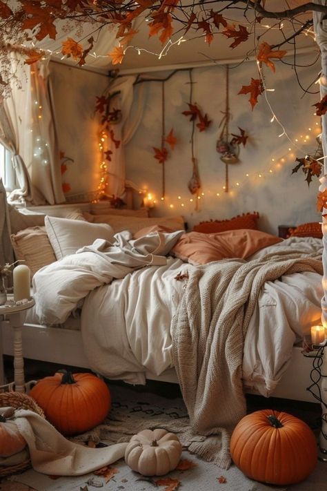 Discover 30 cozy fall bedroom decor ideas, including autumn-themed art and rugs, for a warm and inviting autumn sanctuary. Autumn Themed Room, Fall Decor Ideas For Room, Fall Room Decor Aesthetic, Redecorate Room, Fall Room Ideas, Autumn Moodboard, Fall Decor Bedroom, Autumn Room, Halloween Bedroom Decor