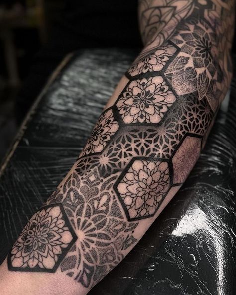 Cool Mandala Tattoo, Mandala Fill In Tattoo, Forarm Tattoos Mandala, Dotwork Mandala Sleeve, Zen Tangle Tattoo, Forearm Tattoos Mandala, Women’s Mandala Tattoo, Geometric Feminine Tattoo, Woman Geometric Tattoo