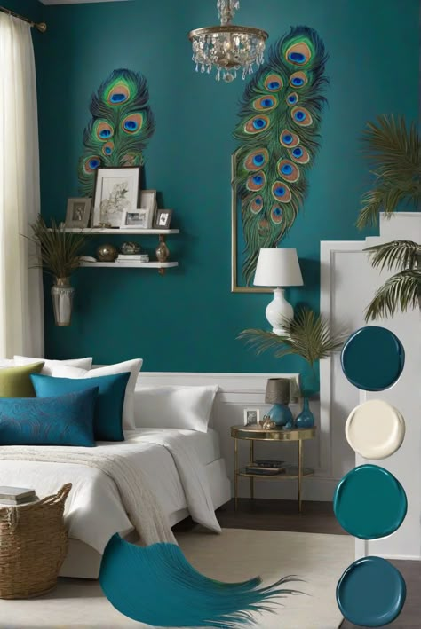 bedroom decorating, room interior design, interior design tools, home design software Peacock Colour Bedroom Ideas, Peacock Colors Bedroom, Sherwin Williams Blue Peacock Bedroom, Bedroom Peacock Colors, Peacock Colors Living Room, Art Deco Wall Colors, Peacock Bedroom Ideas Decor, Peacock Colour Palette, Peacock Bedroom Ideas