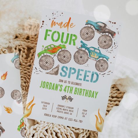 Monster Truck Boy Made Four Speed 4th Birthday Invitation Monster Truck 4th Birthday, Monster Truck Theme Birthday Party, Fourth Birthday Ideas, 4th Birthday Party For Boys, Monster Jam Birthday Party, 4th Birthday Invitation, Monster Jam Birthday, 4th Birthday Boys, Fourth Birthday Party