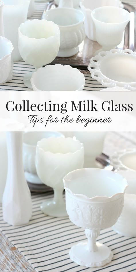 Thinking about collecting milk glass or just getting started? Learn a few basics you can put to the test on your next visit to the thrift shop! Milk Glass Display, Milk Glass Decor, Milk Glass Collection, Vegan Dark Chocolate, Smart Tiles, Thrift Store Crafts, Antique Dishes, Organizing Hacks, White Dishes