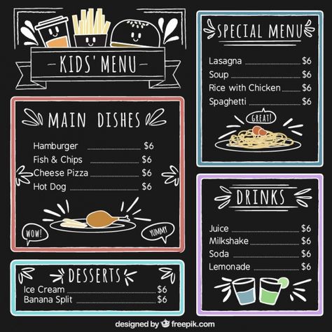 Kid's menu with color details and blackboard background Free Vector Chalkboard Restaurant, Chalkboard Coffee, Cafe Menu Boards, Cafe Chalkboard, Chalk Menu, Papan Tulis Kapur, Blackboard Menu, Menu Board Design, Blackboard Background