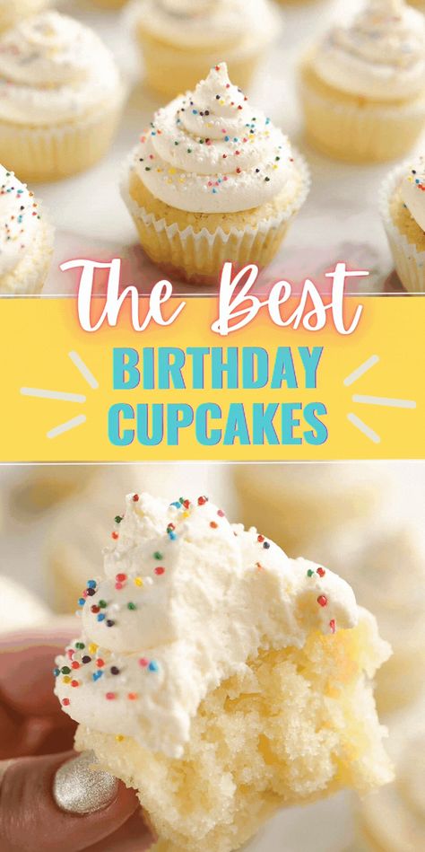 Birthday Cupcake Recipes Homemade, Best Birthday Cupcakes, White Birthday Cupcakes, Vanilla Birthday Cupcakes, Homemade White Cupcakes, Best White Cupcake Recipe, Birthday Cake Cupcakes Recipe, Best Birthday Desserts, Birthday Cupcake Recipes