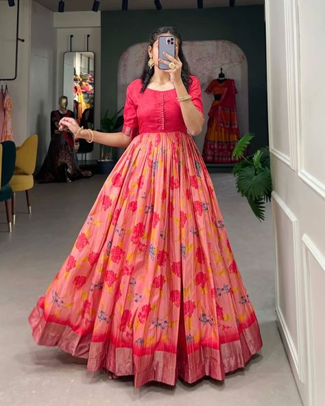 *🌷Ready to Wear Gown🌷* Celebrate every moment in the timeless elegance of a Dola Silk gown✨ *YNF5030ONG* *YNF5030PNK* *YNF5030YLW* *Gown* Gown Fabric : Dola Silk Gown Work : Printed With Sequins And Zari Work Border Chest Size : 40 (Inside 2 inch extra margin available so customer can adjust up to 36" to 42" for your body comfort) Waist Size : 38" Shoulder : 15" Sleeve Length : 12" Length : 57" Flair : 4 Meter Lining : Micro Cotton (full upto bottom) Weight : 0.560 kg *Rate : 850* ORDER... Party Wear Gown For Women, Saree Dress Design Ideas, Frocks For Women Party, Ladies Frock Design, Ready To Wear Gown, Long Frocks For Women, Silk Dresses Outfit, Full Gown, Party Wear Gowns