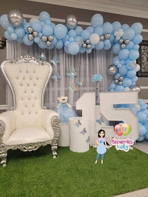 Blue Quinceanera Ideas Decoration, Royal Blue Quinceanera Butterfly Theme, Cinderella Quinceanera Themes Sweet 15 Birthday Party Ideas, Quinceanera Themes Light Blue, Sweet 16 Decorations Ideas Blue, Quince Blue Decorations, Sky Blue Quinceanera Decorations, Quince Decorations Cinderella Theme, Blue Quinceanera Table Decorations