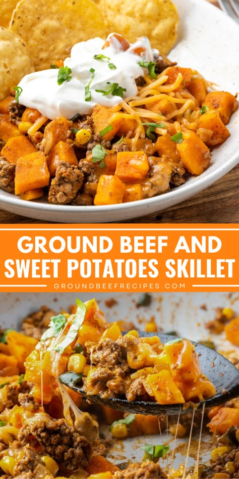 A one-pan ground beef and sweet potatoes! This main course recipe will become one of your favorites. Full of Tex-Mex flavors while being healthy and packed with nutrients, this simple skillet meal is a winner! Put this easy family dinner on your rotation! Sweet Potato Skillet Recipes, Potatoes Skillet, Sweet Potato Skillet, Healthy Ground Beef, Dinner With Ground Beef, Ground Beef Recipes For Dinner, Health Dinner, Dinner Recipes For Family, Health Dinner Recipes