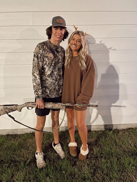 Doe And Hunter Couple Costume, At Home Couple Costumes, Hunting Costume Ideas, Hunter And Doe Couple Costume, Boy And Girl Costumes For Halloween, Hunting Couple Halloween Costumes, Deer And Hunter Costume Couple, Halloween Costumes Couples Simple, Couples Outfits Halloween