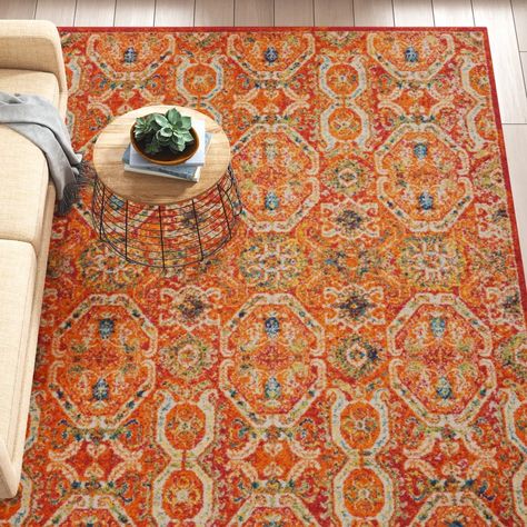 Mistana™ Draughn Power Loom Performance Red/Orange Rug & Reviews | Wayfair Bright Living Room Area Rug, Orange Area Rug Living Room, Green Orange Rug, Burnt Orange Rug Bedroom, Burnt Orange Rug Living Room, Orange And Green Rug, Colorful Area Rugs In Living Room, Colorful Rugs In Living Room, Mcm Rug