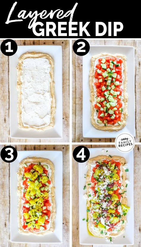 This is THE BEST DIP RECIPE EVER! This easy layered greek dip is quick to make, requires no cooking, and people rave about it every time it is served. It is kind of like a seven layer greek dip where all of the ingredients are layered on top of each other to form a fresh, healthy party dip perfect for an appetizer or neighborhood BBQ. Serve this easy greek layer dip with fresh pita or chips. Greek Dip 7 Layer, Hummus Dip Layered, Greek Layered Hummus Dip, No Cook Dips, 7 Layer Greek Dip, Onion Bacon Dip, Layered Greek Dip, Greek Dip Recipes, Greek Layer Dip