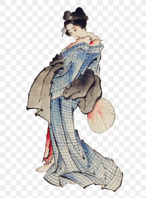 Japanese Geisha Drawing, Japanese Vintage Fashion, Nature Moodboard, Geisha Drawing, Japanese Goddess, Woman Sticker, Geisha Kimono, Editing Images, Public Domain Art