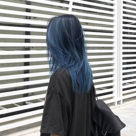 Hair Styles For Blue Hair, Black Hair And Blue Highlights, Dark Roots Blue Hair, Dark Green Hair Highlights Brunettes, Blue Hilights Hair, Dull Blue Hair, Dark Denim Hair, Blue Black Hair With Bangs, Blue Hair With Blue Highlights