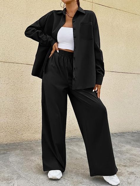 Wide Leg Pants And Blouse Outfit, 2 Piece Outfit Set Pants, Wide Leg Pants Outfit Casual, Patched Shirt, Two Piece Outfits Pants, Button Down Outfit, Elegant Fashion Outfits, Two Piece Dress Casual, Long Pants Outfit