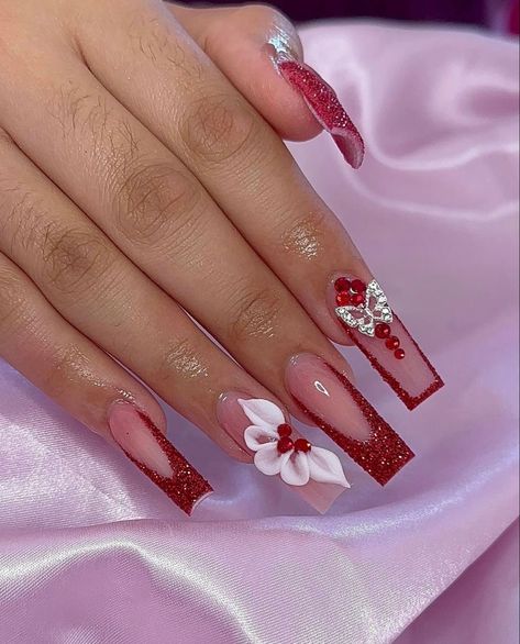 Red And Pink Nails, Cute Red Nails, Christmas Nails Inspiration, Nails With Red, Quince Nails, Quinceanera Nails, Red Acrylic Nails, Girly Acrylic Nails, Long Acrylic Nails Coffin