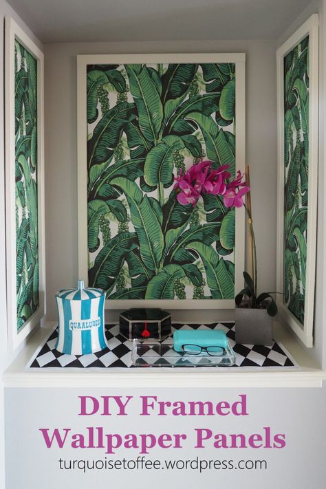 DIY Framed Wallpaper Panels…I am obsessed (OBSESSED!) with Dorothy Draper’s Brazilliance wallpaper. It’s so vibrant and colourful and tropical; such a bold statement and so iconic… Wallpaper Panel Headboard, Framed Wallpaper Accent Wall, Framed Wallpaper Headboard, Wallpaper Pictures Frame, How To Frame Wallpaper, Wallpaper Framed Art, Diy Wallpaper Panels, Wallpaper Frames On Wall, Large Framed Wallpaper