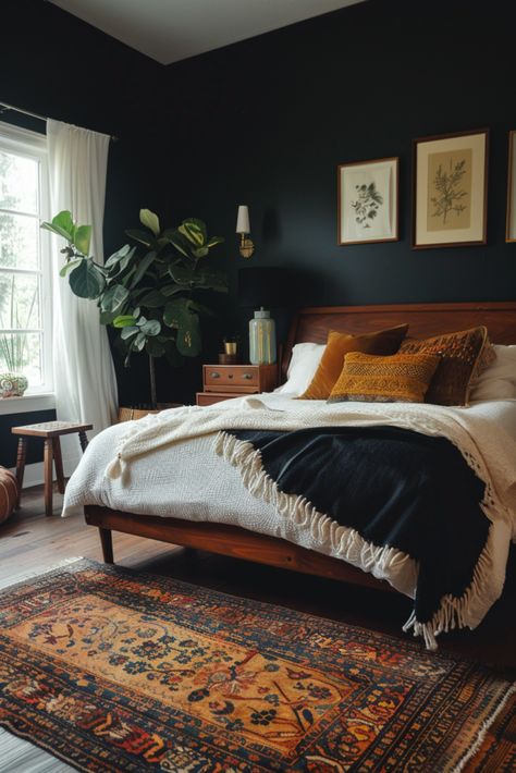 Dark Boho Bedroom, Earthy Bedroom, Moody Bedroom, Dark Bedroom, Bedroom Refresh, Decoration Inspiration, Master Bedrooms Decor, Decor Minimalist, Remodel Bedroom