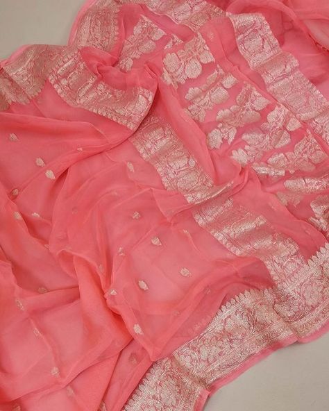 Pure Khaddi Georgette Saree with real Silver weaving - NEON PINK ! **The infinite world of Nandini** #DresslikeaStar_Always 🌟⭐️✨💫 #Gurugram… Chiffon Saree Party Wear, Bollywood Women, Weaving Fabric, Pure Chiffon Sarees, Indian Sari Dress, Cotton Saree Designs, Silk Saree Banarasi, Wedding Saree Collection, Indian Saree Blouses Designs