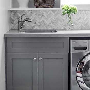 Calacatta Marble Herringbone Tiles, Transitional, laundry room, Well Nested Interiors Marble Herringbone Tile, Transitional Laundry Room, Herringbone Tile Backsplash, Marble Herringbone, Laundry Room/mud Room, Herringbone Backsplash, Diy Backsplash, Laundry Room Inspiration, Herringbone Tile