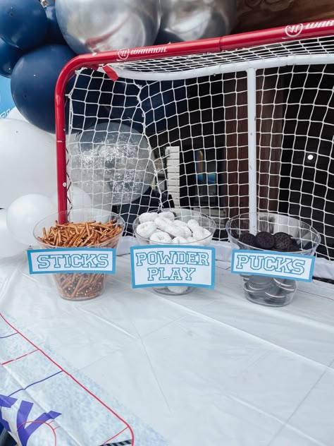 Hockey Pool Party, One Year Old Hockey Birthday, Score Im Four Birthday, Hockey Bday Party Ideas, Hockey Party Decorations Diy, Hockey Themed Charcuterie Board, Hockey Third Birthday, Nhl Birthday Party, Hockey Holiday Party