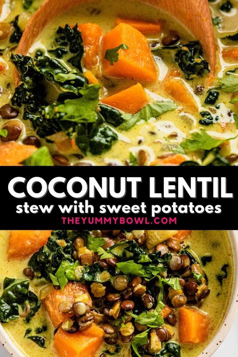 Thick and hearty Sweet Potato Lentil Stew is packed with good-for-you ingredients: delicious sweet potatoes, coconut milk, kale, and lentils! This lentil stew is incredibly filling and true comfort food in one bowl. Vegan, Dairy-free, Gluten-Free. Coconut Milk Stew, Ginger Sweet Potato, Lentil Stew, Tasty Vegetarian Recipes, Lentil Recipes, Vegan Dinner Recipes, Veggie Dishes, Healthy Ingredient, Stew Recipes