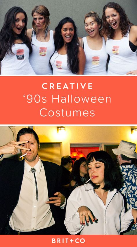 Bookmark these creative '90s DIY Halloween costume ideas. 90s Iconic Couples, Funny 90s Halloween Costumes, 90s Icon Halloween Costume, 90s Party Outfit Couples, Creative Character Costumes, 90s Inspired Halloween Costumes Women, 90s Theme Couples Costume, 90's Custome Ideas, Quinton Tarantino Costumes