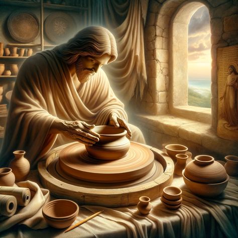 A serene, spiritual scene depicting the metaphor of God as the Potter, inspired by Isaiah 64:8. The setting is an ancient, tranquil pottery workshop, bathed in soft, warm light. In the center, a pair of hands, representing divine presence, gently shapes a clay vessel on a wooden potter's wheel. The scene conveys a sense of care, creation, and transformation. The background subtly includes... Potters Hands God, Vessel For God, The Potter And The Clay, Potter And Clay, Potters Hands, Jesus Gif, The Potter's Hand, Prayer Images, Bible Artwork