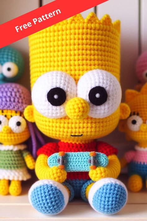 Crochet your own Bart Simpson amigurumi with this complete and detailed pattern. Perfect for fans of "The Simpsons" and crochet enthusiasts! Crochet Patterns Disney Free, Simpsons Crochet Free Pattern, Bart Simpson Crochet Free Pattern, Crochet Bart Simpson, Crochet Movie Characters Free Pattern, Crochet Woodstock Free Pattern, Crochet Movie Characters, Eeyore Crochet Pattern Free, Giant Amigurumi Free Pattern