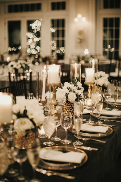 Black White And Gold Winter Wedding, Black Tie Optional Wedding Decor, Wedding Aesthetic Floral, Clean And Classic Wedding, Chanel Wedding Aesthetic, Fancy Black Tie Wedding, Black Tie Wedding Tablescape, Black Tie Glam Wedding, Winter Wedding Black Tablecloth