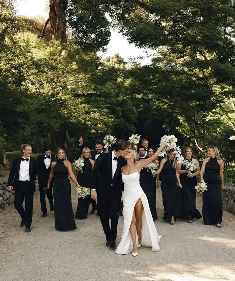 All Black Bridal Party Attire, Classic Wedding Color Schemes, Wedding Ideas 2024, Bridal Party Color Schemes, Black And White Wedding Theme, 2025 Wedding, White Wedding Theme, Wedding Picture Poses, December Wedding