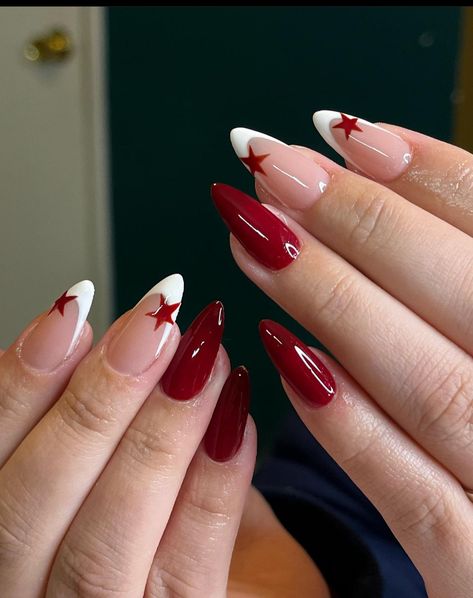 Y2k Nails Short Red, Red Nails With Star Design, Star Red Nails, Red Star Nails, Hoco Nails, Red Nails Glitter, Body Details, Maroon Nails, Nail Time