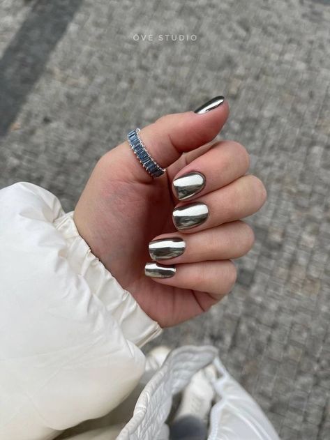 Perfect for the holidays! Chrome Manicure Short, Short Square Silver Nails, Metallic Nails Men, Chrome Mens Nails, Silver Chrome Short Nails, Silver Chrome Nails Short, Short Silver Chrome Nails, Silver Short Nails, Short Nails Chrome