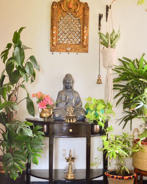 indianhomedecor zen foyerdecorating indoorplants brass buddha homedecor livingroom decor home Living Room Statue Decor, Home Entrance Budha, Home Decor Buddha, Buddha Worship Place Home, Corner Statue Ideas, Buddha Corner In Living Room, Home Entryway Ideas Indian, Budha Corner Decor, Buddha Living Room Decor