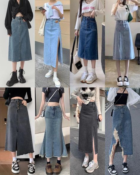 Long Skirt Denim Outfit, Long Skirt Jeans Outfit, Denim Jean Skirt Outfits, Dark Denim Skirt Outfit, Ootd Rok Jeans, Long Denim Skirt Outfit Ideas, Skirt Jeans Outfit, Denim Long Skirt Outfit, Short Jean Skirt Outfits